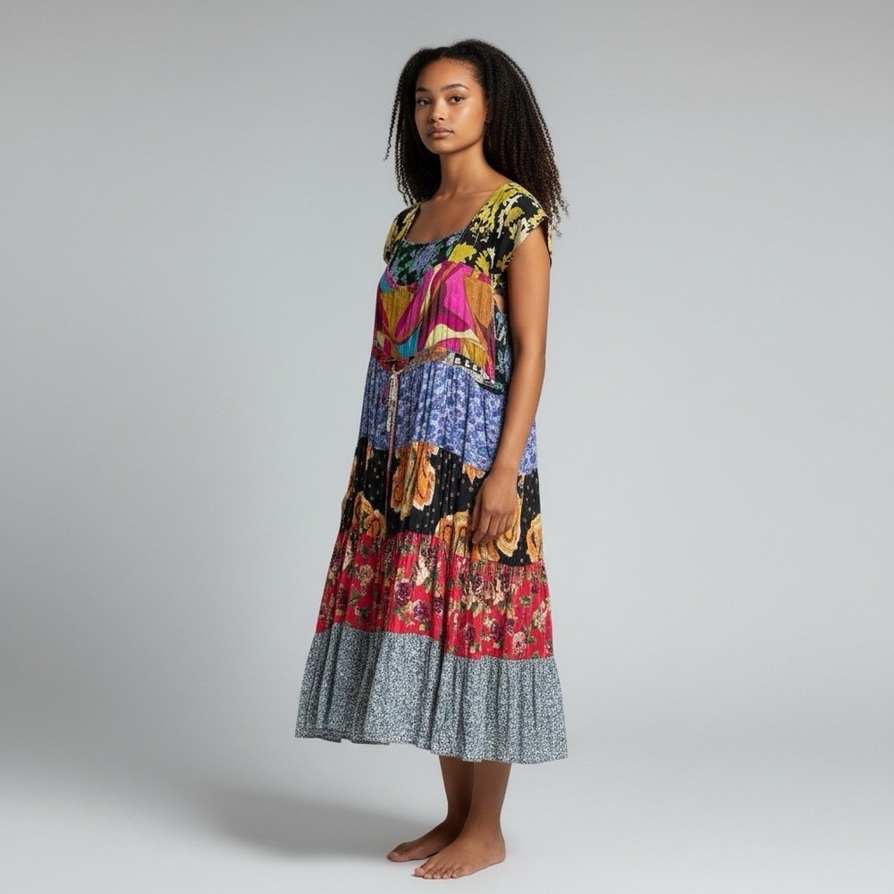 Sacred Threads Medium Tiered Patchwork Floral Boh… - image 1